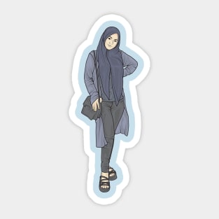 Beautiful woman wearing a hijab wearing a blue shirt with a blue cardigan and tight black trousers Sticker